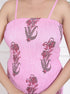 Pink Textured Fitted Mini Dress with Black Floral Print